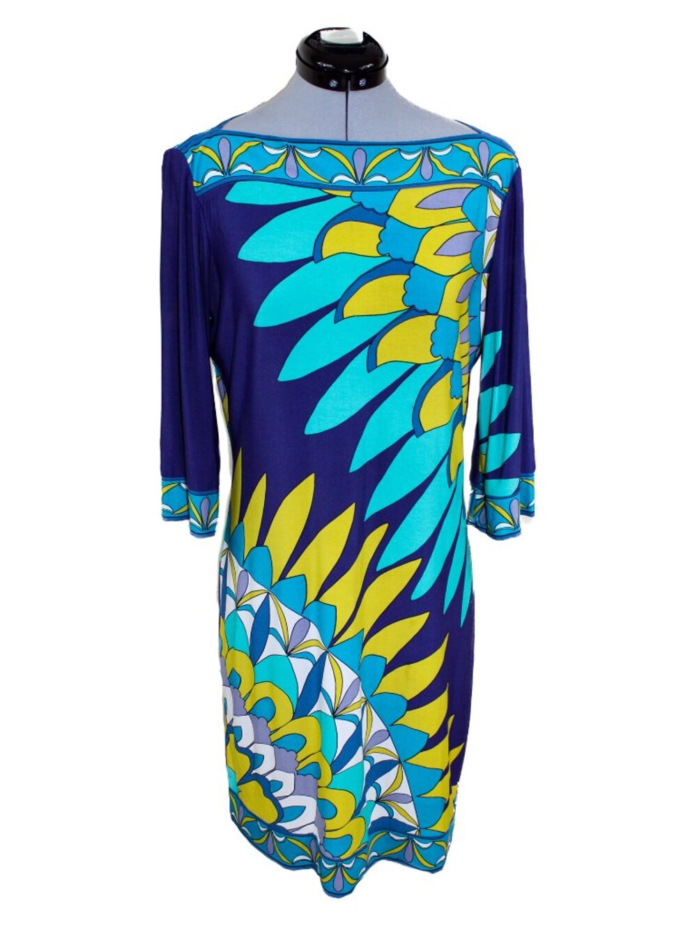 DONNA MORGAN VTG Sz 4 Blue Geometric Print Shift Dress Midi Stretch Mod Y2k